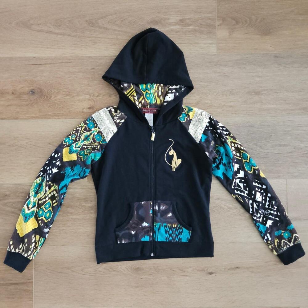 Vintage Y2K Baby Phat Patterned Full Zip Up Hoodie w/ Gold Cat Logo & Sequins L